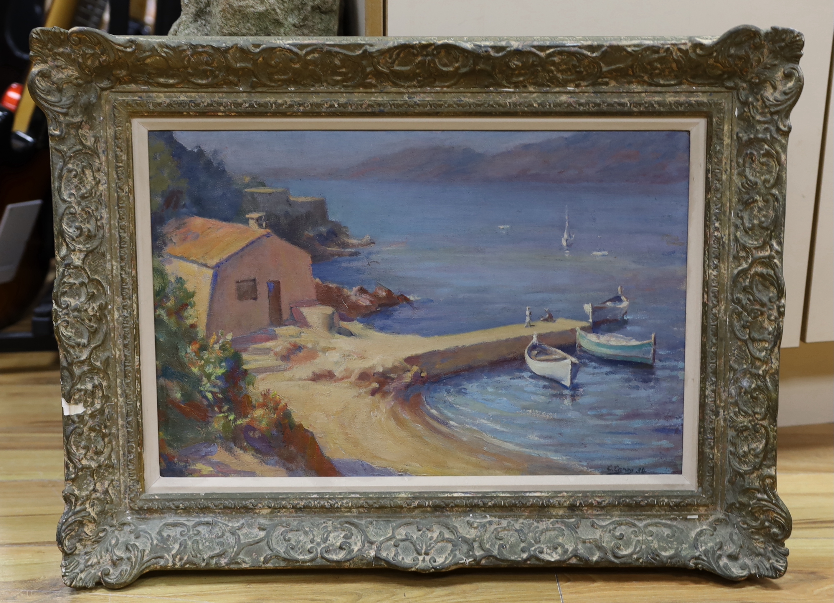 C. Carey, oil on canvas, Mediterranean harbour scene, signed and dated '34, 34 x 52cm